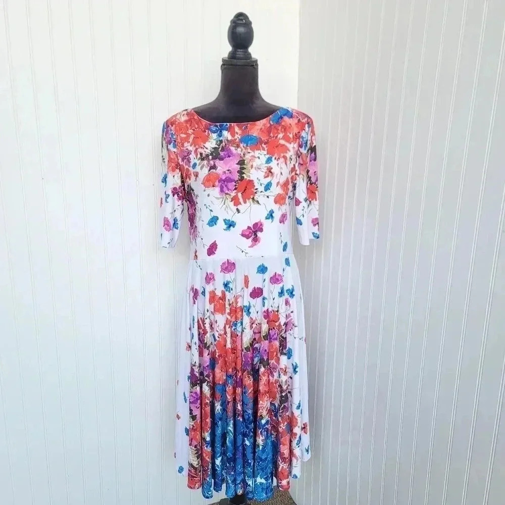 Marc Bouwer Unlimited White Red Blue Floral Print Fit Flare Zipper Back Dress XL